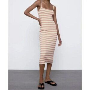 Zara Striped Knit Tube Skinny Strap Midi Dress Nude Peach Pink size M